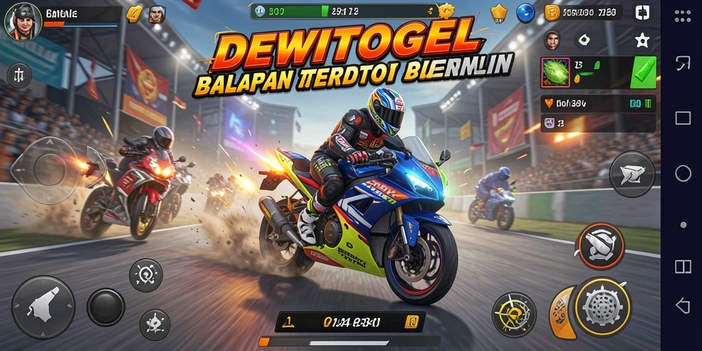 Screenshot utama DEWITOGEL menampilkan aksi balapan motor yang mendebarkan.