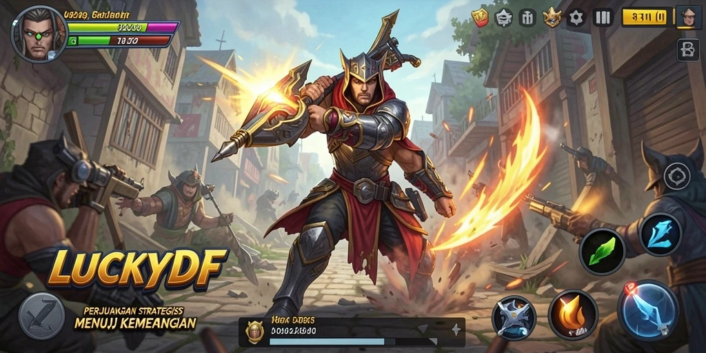 Screenshot gameplay LUCKYDF menampilkan pertarungan strategis yang intens.