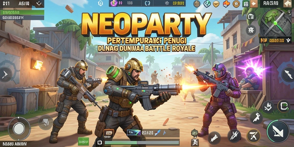 Tangkapan layar NEOPARTY menampilkan aksi seru di medan perang Battle Royale.