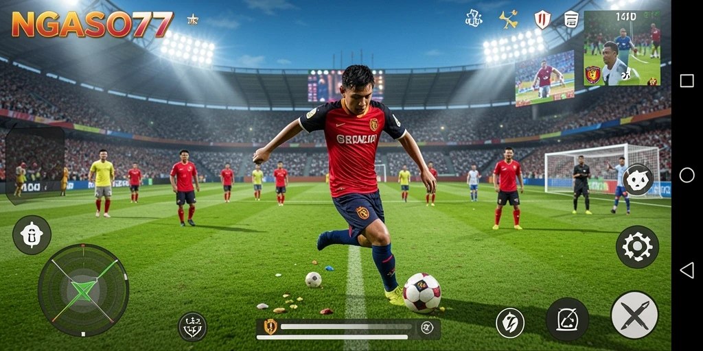 Screenshot gameplay NGASO77 menampilkan aksi sepak bola yang mendebarkan.