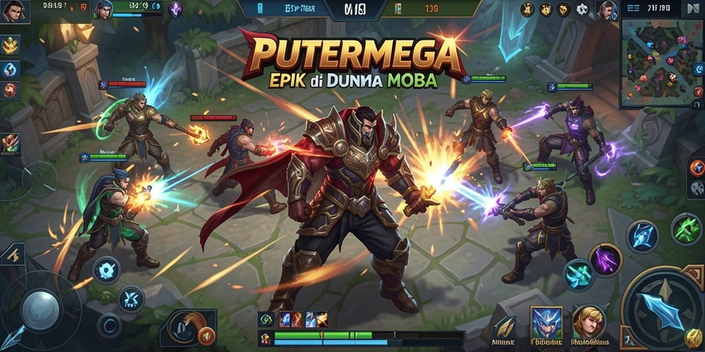 Screenshot gameplay seru dari PUTERMEGA, menunjukkan aksi pertarungan MOBA.