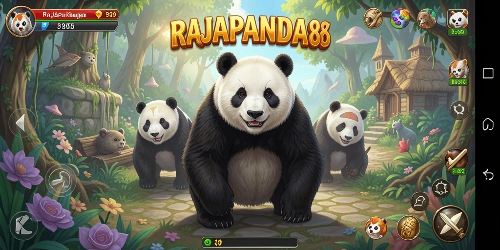 Tangkapan layar gameplay RAJAPANDA88 menampilkan pengelolaan panda dan pembangunan fasilitas.
