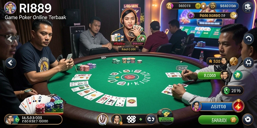 Screenshot gameplay RI889 menunjukkan suasana poker yang mendebarkan.
