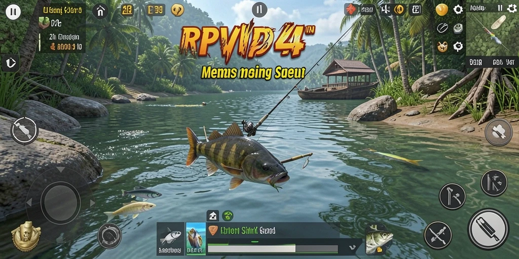 Screenshot RPVIP4 menampilkan momen menangkap ikan besar di danau.