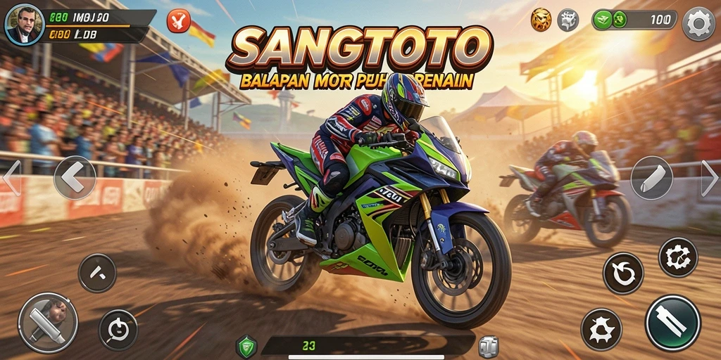 Screenshot gameplay SANGTOTO menampilkan aksi balapan motor yang mendebarkan.