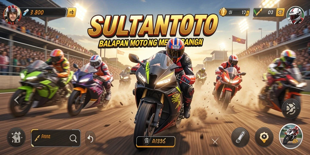 Tampilan SULTANTOTO menampilkan aksi balapan motor yang intens dan mendebarkan.