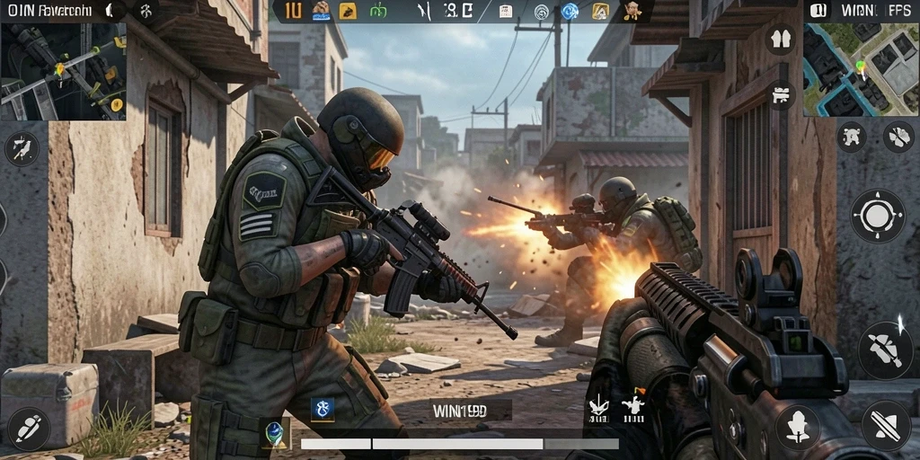 Tampilan gameplay menegangkan dari WIN199 di arena FPS.