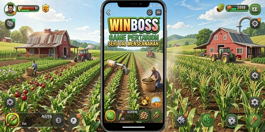 Tangkapan layar gameplay <strong>WINBOSS</strong> dengan aktivitas pertanian yang mendebarkan.